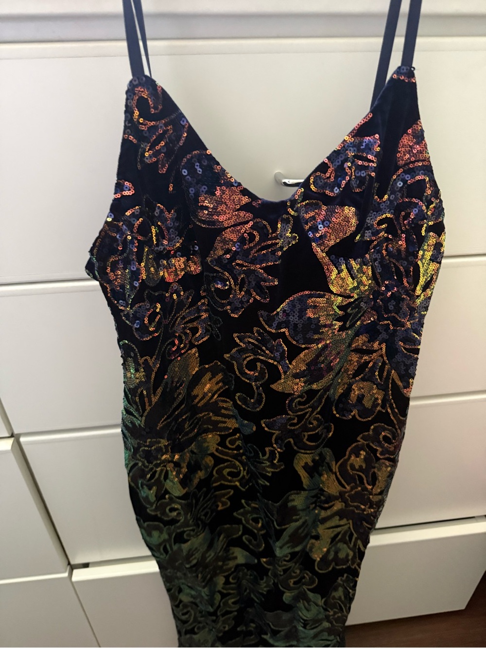 Blue Velvet Sequin Slip Dress with Multicolor Floral Pattern